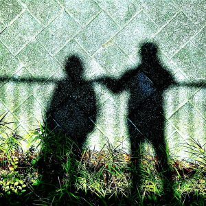 散歩はいつも妻と一緒です。
マンションとマンションの隙間から射した西日がスポットライトのようになり二人の影が河の法面に映しだされました。