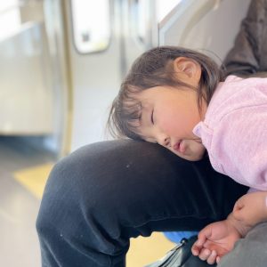 いとこの家に遊びに行ったときの帰り道の写真です。緊張が一気にとけたのか、電車の中でお父さんの膝でお昼寝する娘。長い時間乗る在来線は、親も子どもが静かにしてくれてほっとしました。平日の昼間の電車はとても静かで、電車の揺れ、音、温かさの心地よさを今でも覚えています。娘の幸せそうな寝顔を見ながら、旅の楽しかった思い出を夫婦で振り返ったあたたかな時間でした。