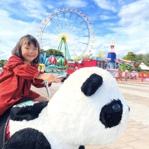 テーマパークで大好きなパンダの乗り物に乗り凄く楽しそうに遊ぶ娘