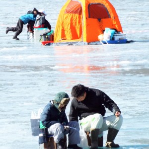 松原湖のワカサギ釣りの光景です