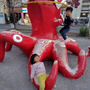 真冬でも上着知らずな兄と妹、大好きなタコ滑り台で遊んだ時の写真です。寒さが厳しくても仲良く遊べば身体も心もポカポカ、幸せな時間です。